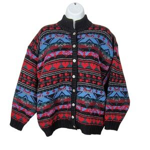 Aston Vintage 100% Wool Fair Isle Heart Cardigan Sweater Black Red Blue Womens M